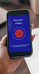Hands, woman and phone screen with payment fail for ecommerce, insufficient funds or finance error. Person, mobile and declined transaction for financial mistake, connection issues and purchase alert