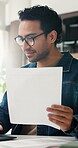 Laptop, reading or man with paperwork for supply chain, startup license renewal or ecommerce permit. Flare, webshop contract or happy person in office for logistics, review delivery agreement or pc