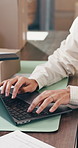 Woman, hands and typing with laptop for ecommerce report, logistics email and website for shipping info. Person, browsing and computer in office with courier update, online order and administration.