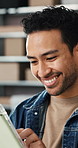 Scrolling, smile and tablet with man in logistics office for management of delivery schedule. App, planning and research with supply chain employee in workplace for distribution or shipping review