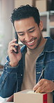 Phone call, smile and writing with man in logistics office for delivery feedback or instructions. Box, conversation and supply chain with happy person at work for distribution or shipping tracking