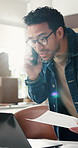 Phone call, frustrated or man with paperwork for logistics error, shout or tariff increase. Stress, ecommerce or entrepreneur speaking on mobile for order mistake, invoice problem or laptop in office