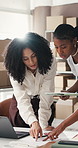Document, women and planning with ecommerce team for delivery schedule, supply chain and tablet. African people, discussion or paperwork in logistics office, small business or laptop for price check