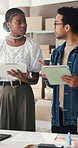 Tablet, checklist or discussion with logistics team for delivery schedule, supply chain or inventory. People, planning and tech in ecommerce office, small business idea and clipboard for stock check