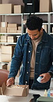 Box, skincare and shipping with man and small business for delivery, ecommerce or inventory. Logistics, distribution and cargo package with person in beauty supply warehouse for stock and inspection