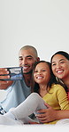 Happy family, selfie and parents with child in home for love, care and memory on social media. Mother, father and profile picture in bedroom with girl for photography, support or bonding together