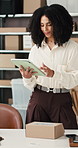 Ecommerce, package or woman in warehouse with tablet, box prep or inventory management for distribution. Logistics, process or supplier with tech, shipping checklist or parcel packing in supply chain