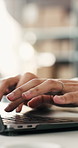 Typing, hands and businesswoman with laptop for logistics, delivery or ecommerce order in office. Technology, contact us and female supply chain manager with computer for online cargo in workplace.