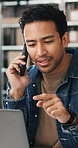 Anxiety, laptop and phone call with man in logistics office for feedback, mistake or review. Computer, problem solving and stress with employee in supply chain warehouse for backlog, error or fail