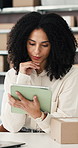 Ecommerce, woman and reading in office with tablet, problem solving and scroll website for shipping. Person, thinking and typing in workplace with tech, delivery feedback or logistics administration.