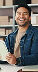 Logistics, face or man in office with tablet, pride and ambition in supply chain industry. Distribution, laugh and stock director with tech, career growth or experience in shipping management.