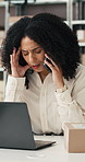 Laptop, headache and stress with woman in logistics office for feedback, mistake or review. Anxiety, backlog and computer with frustrated employee in supply chain warehouse for problem solving