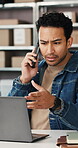 Laptop, phone call and stress with man in logistics office for feedback, mistake or review. Backlog, computer and problem solving with employee in supply chain warehouse for anxiety, error or fail