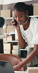Phone call, box and woman on laptop in shipping for logistics enquiry, courier or update. Small business staff, person and contact with tech in warehouse to track package, delivery schedule or export