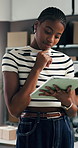 Smile, black woman and order with tablet for delivery, distribution or quality control for ecommerce. Small business, warehouse and supply chain owner for planning, shipping or supplier checklist