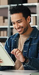 Happy man, logistics and inventory with tablet in office for supply chain or small business stock. Businessman, distributor or supplier scrolling with technology for shipping, online order or app