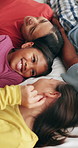 Bonding, parents or girls on bed with happiness, childcare or morning routine in healthy relationship. Love, people or children in home with laugh, parenthood or family connection at start of day.
