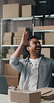 Smile, team and high five with laptop for delivery, distribution or quality control for ecommerce. Small business, warehouse and group of people for supply chain, shipping or supplier checklist