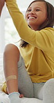 Care, parent or child in house with bandaid, family connection or first aid in childcare. Healing, man or daughter on bed with plaster, wound support or healthy relationship for emotional development