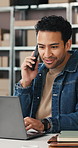 Businessman, phone call and laptop with discussion for logistics, online order or shipping schedule. Man, employee or distributor talking with mobile smartphone on computer for supply chain or stock
