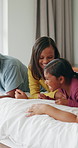 Laugh, parent or girls on bed with bonding together, childcare or morning routine in healthy relationship. Relax, family or children in home with love, sibling connection or happiness at start of day
