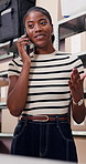 Boxes, supply chain and black woman in workplace, phone call for delivery and app for communication. African person, mobile user and entrepreneur with cellphone, smile and schedule for distribution