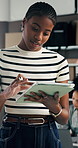 Thinking, woman and order with tablet for delivery, distribution or quality control for ecommerce. Small business, warehouse and supply chain owner for planning, shipping or supplier checklist