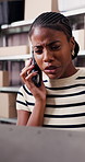 Boxes, supply chain and black woman in warehouse, phone call for delivery and digital app for communication. African person, discussion or entrepreneur with cellphone, smile or schedule for logistics