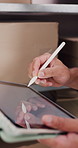 Tablet, pen and businessman in office with boxes for delivery, logistics and ecommerce order. Digital technology, stylus and male supply chain manager with online shipping information in workplace.