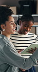 Discussion, women and planning with tablet for delivery, distribution or quality control for ecommerce. Small business, warehouse and supply chain for collaboration, shipping or supplier checklist
