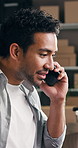 Phone call, man and order with logistics for delivery, distribution or quality control for ecommerce. Small business, warehouse and supply chain owner for planning, shipping or supplier checklist