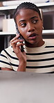 Phone call, logistics or black woman in warehouse with chat, package track or order status on shipment. Distribution, communication or supplier with tech, courier or delivery update in supply chain.