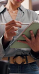 Logistic, checklist or hands in depot with tablet, order track or inventory management in shipping. Distribution, woman or supplier with stylus, stock control or package review in supply chain.