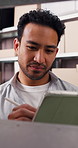 Logistics, checklist or person in warehouse with tablet, order track or inventory management in shipping. Distribution, stylus or supplier with tech, stock control or package review in supply chain.
