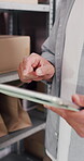Logistics, checklist or hands in storage room with tablet, order track or inventory management in shipping. Distribution, man or supplier with tech, stock control or package review in supply chain.