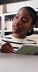Logistics, stylus or black woman in warehouse with tablet, order track or inventory management in shipping. Package, review or supplier with tech, stock control or online checklist in supply chain.