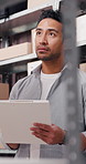 Clipboard, documents and man in office with boxes for delivery, logistics and ecommerce order. Paperwork, cargo and professional male supply chain manager with online shipping information in workshop