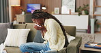Sick, sneeze and black woman with tissue on couch, flu season or chronic sinusitis for health crisis. Blowing nose, allergies or person with illness in home for recovery, hay fever or viral infection