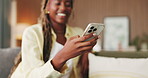 Laugh, scroll and black woman in house with phone, online communication and comic post on social media. Happy, digital and person on sofa with tech, funny text message or meme reaction on chat app.