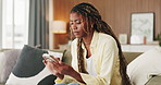 Black woman, phone and stress with texting on sofa in home with alert, web chat or notification. African person, smartphone and typing with mobile app, glitch or error with phishing scam at apartment