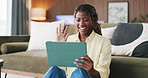 Living room, wave and black woman with tablet for video call, virtual greeting and online communication. Hello, connection and happy person with tech for conversation, talk and storytelling in home