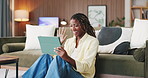 Home, wave or black woman with tablet for video call, virtual communication or connection for discussion. Greeting, online conversation or happy person with networking app in apartment, talk and tech