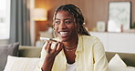Black woman, happy and phone call with loudspeaker on sofa in home with contact, joke or story in lounge. African person, smartphone and laugh for chat, gossip or recording voice note on social media