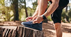 Hands, person and tie laces for fitness in forest, endurance training and running preparation. Athlete, runner and exercise safety with footwear, getting ready and sports workout for wellness outdoor