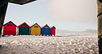 Beach, hut and scenery of travel destination in nature, color and peaceful environment for vacation. Outdoor, mockup space and sea paradise for summer holiday, sand and tropical view for getaway