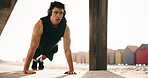Fitness, push up and man with music outdoor for exercise, bodybuilder training and workout. Athlete, morning and person with audio, radio and headphones for active hobby, strength and strong muscle