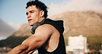 Fitness, thinking and man with headphones in city for training, exercise and workout for wellness. Rest, reflection and person on break with music, audio and radio for challenge, endurance and run