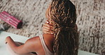 Woman, yoga and stretching with neck for workout preparation, exercise or spiritual connection. Top view, female person or relax with body warm up on mat for posture, health or wellness in home