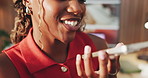 Black woman, talking and speaker with phone for audio recording, vocal message or app in office. Female person, mouth or speaking with mobile smartphone for sound, chat or voice note in workplace