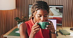 Black woman, drinking and coffee for remote work in home to start day, morning routine and peace. Thinking, female person and warm beverage with reflection, daydreaming and nostalgia memory at house
